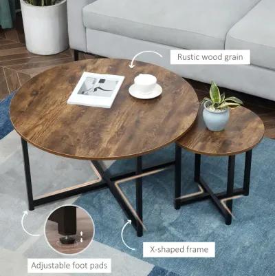 HOMCOM Round Coffee Table Set of 2, Industrial Living Room Tables with Metal Frame, Circle Coffee Tables for Living Room, Rustic Brown