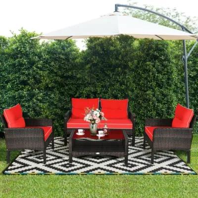 Hivvago 4 Pieces Patio Rattan Sofa Set Free-Combination with Cushion and Coffee Table