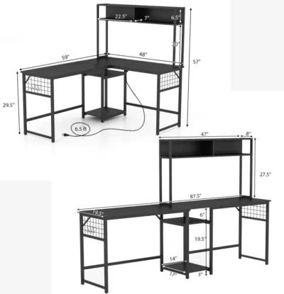 Hivvago L-shaped Desk with Power Outlet Hutch