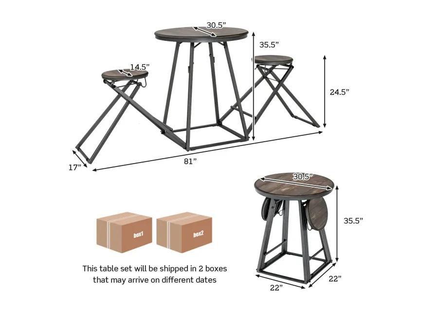 3 Pieces Dining Table Set with 2 Foldable Stools for Small Space-Grey