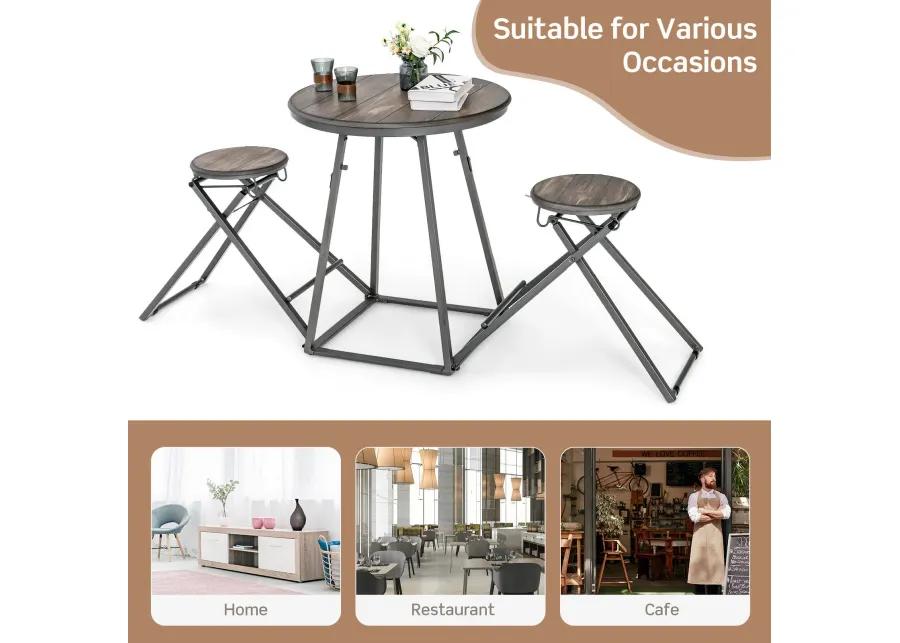 3 Pieces Dining Table Set with 2 Foldable Stools for Small Space-Grey