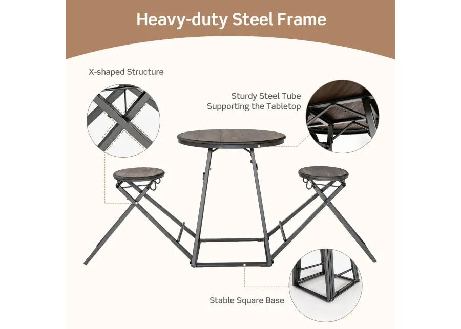 3 Pieces Dining Table Set with 2 Foldable Stools for Small Space-Grey