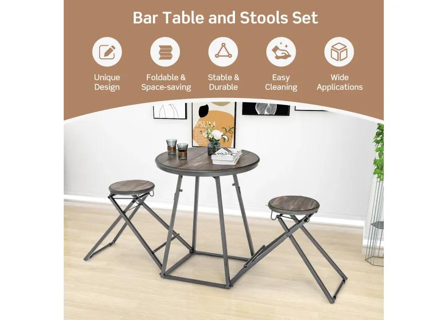 3 Pieces Dining Table Set with 2 Foldable Stools for Small Space-Grey