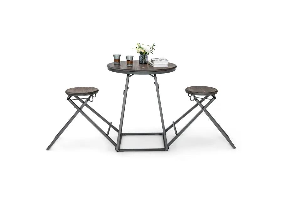 3 Pieces Dining Table Set with 2 Foldable Stools for Small Space-Grey