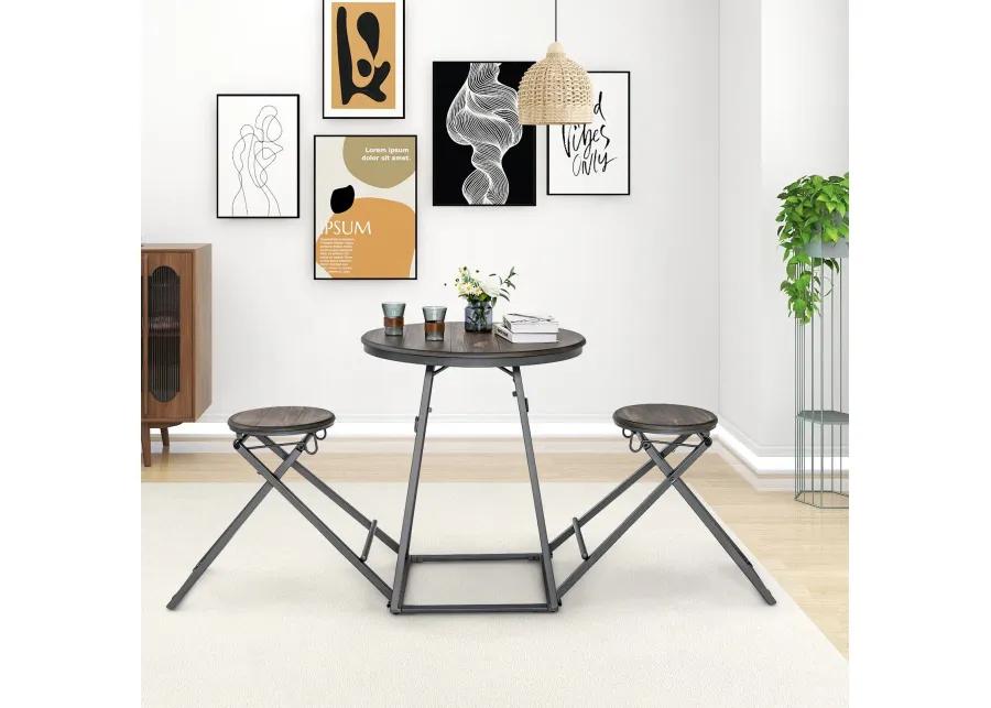 3 Pieces Dining Table Set with 2 Foldable Stools for Small Space-Grey