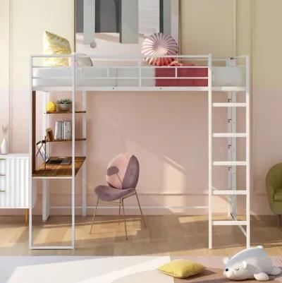 Merax Metal Loft Bed with 2 Shelves and 1 Desk