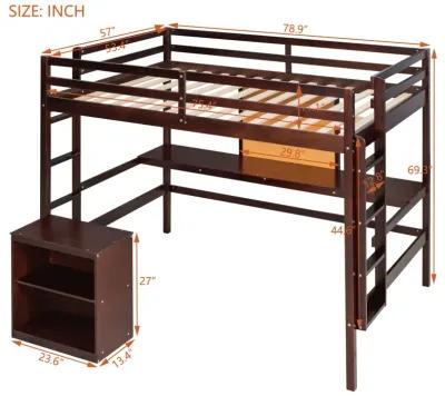 Full Size Loft Bed With Desk And Writing Board, Wooden Loft Bed With Desk & 2 Drawers Cabinet