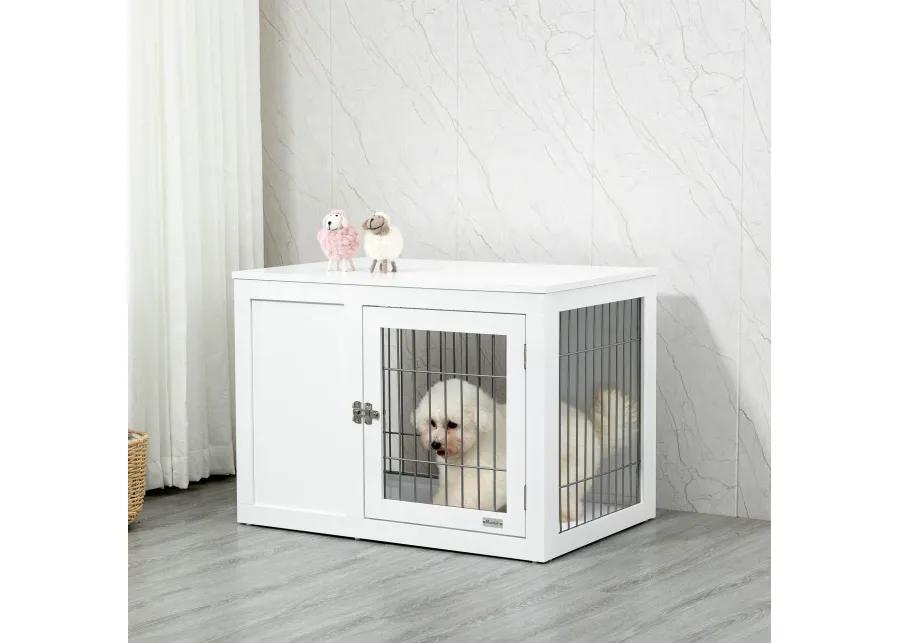 White Pet Furniture: 33" Indoor Dog Crate End Table with Locks