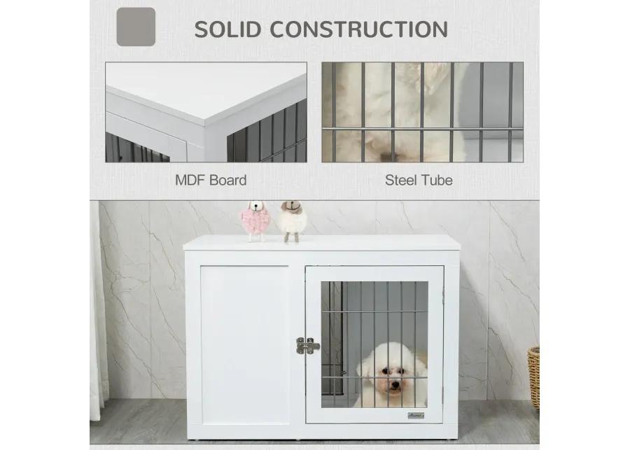 White Pet Furniture: 33" Indoor Dog Crate End Table with Locks