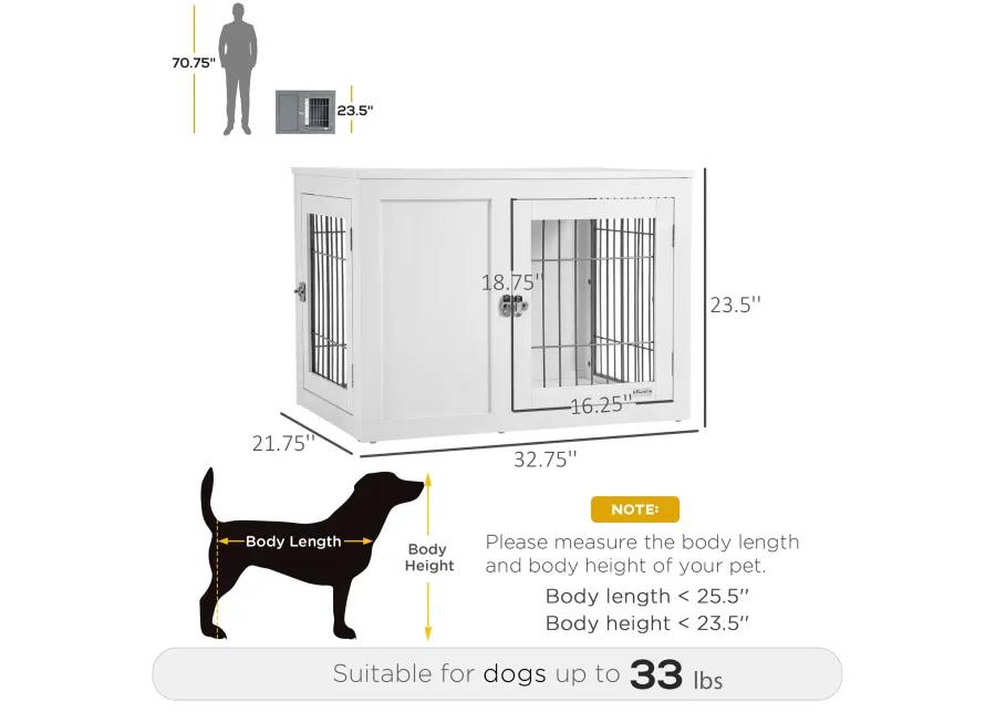 White Pet Furniture: 33" Indoor Dog Crate End Table with Locks