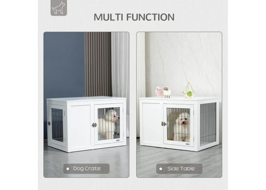 White Pet Furniture: 33" Indoor Dog Crate End Table with Locks