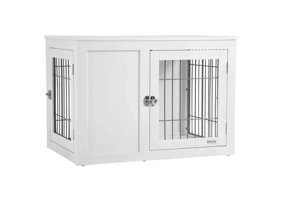 White Pet Furniture: 33" Indoor Dog Crate End Table with Locks