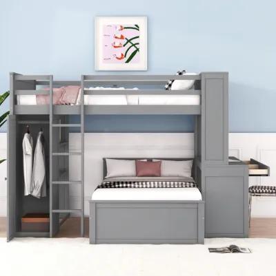 Full Size Loft Bed With A Twin Size Stand-Alone Bed, Shelves, Desk, And Wardrobe