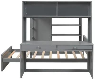 Full Size Loft Bed With A Twin Size Stand-Alone Bed, Shelves, Desk, And Wardrobe