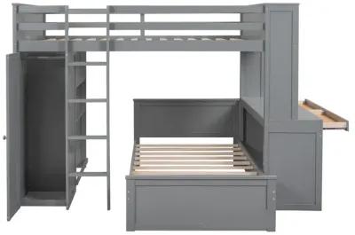 Full Size Loft Bed With A Twin Size Stand-Alone Bed, Shelves, Desk, And Wardrobe