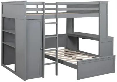 Full Size Loft Bed With A Twin Size Stand-Alone Bed, Shelves, Desk, And Wardrobe