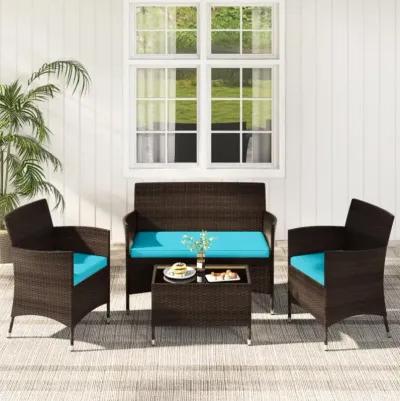 Hivvago 4 Pieces Comfortable Mix Brown Outdoor Rattan Sofa Set with Glass Coffee Table