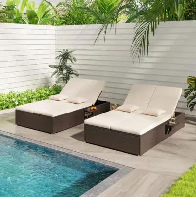 Hivvago Patio Double Chaise Lounge with Cushions and Folding Side Trays-Beige