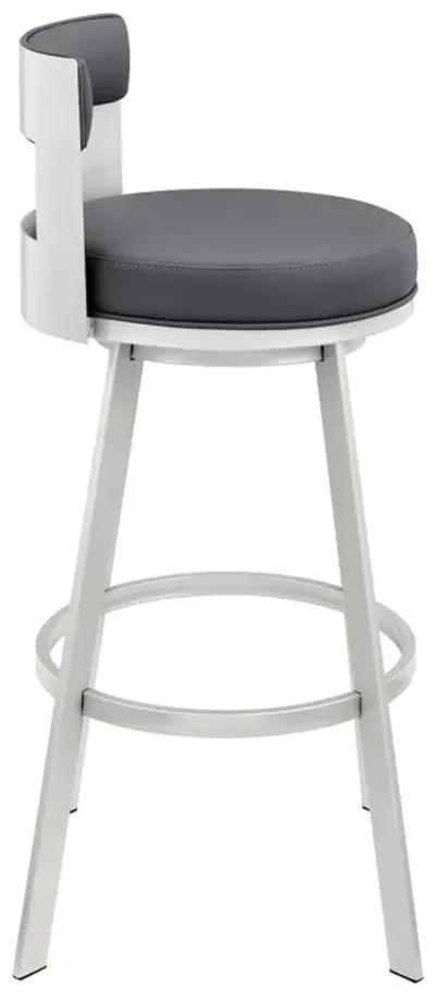 Ami 26 Inch Swivel Counter Stool Chair, Gray Faux Leather, Chrome Iron - Benzara