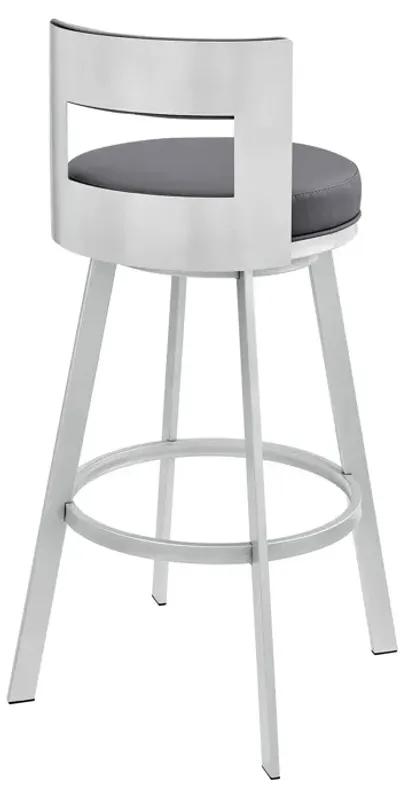 Ami 26 Inch Swivel Counter Stool Chair, Gray Faux Leather, Chrome Iron - Benzara