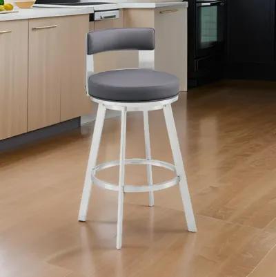 Ami 26 Inch Swivel Counter Stool Chair, Gray Faux Leather, Chrome Iron - Benzara