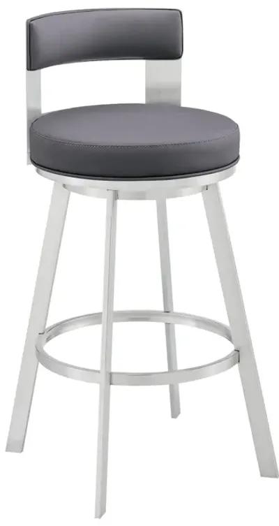 Ami 26 Inch Swivel Counter Stool Chair, Gray Faux Leather, Chrome Iron - Benzara