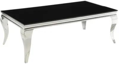 Modern Metal Frame Coffee Table with Beveled Glass Top, Black and Silver-Benzara