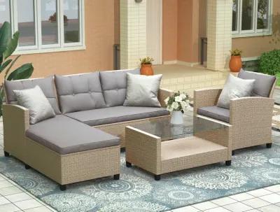 Patio Furniture Sets, 4 Piece Conversation Set Wicker Ratten Sectional Sofa with Seat Cushions