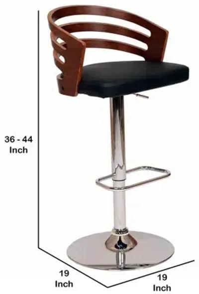 Open Wooden Back Faux Leather Barstool with Pedestal Base, Black and Brown-Benzara