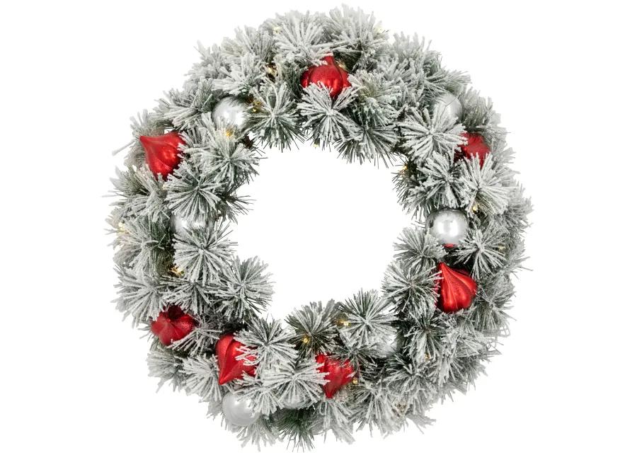 Pre-Lit Snowy Bristle Pine Christmas Wreath  24-Inch  Warm White LED Lights