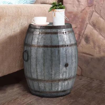 Drum Shape Metal Wine Storage Table with Removable Lid, Rustic Brown and Gray