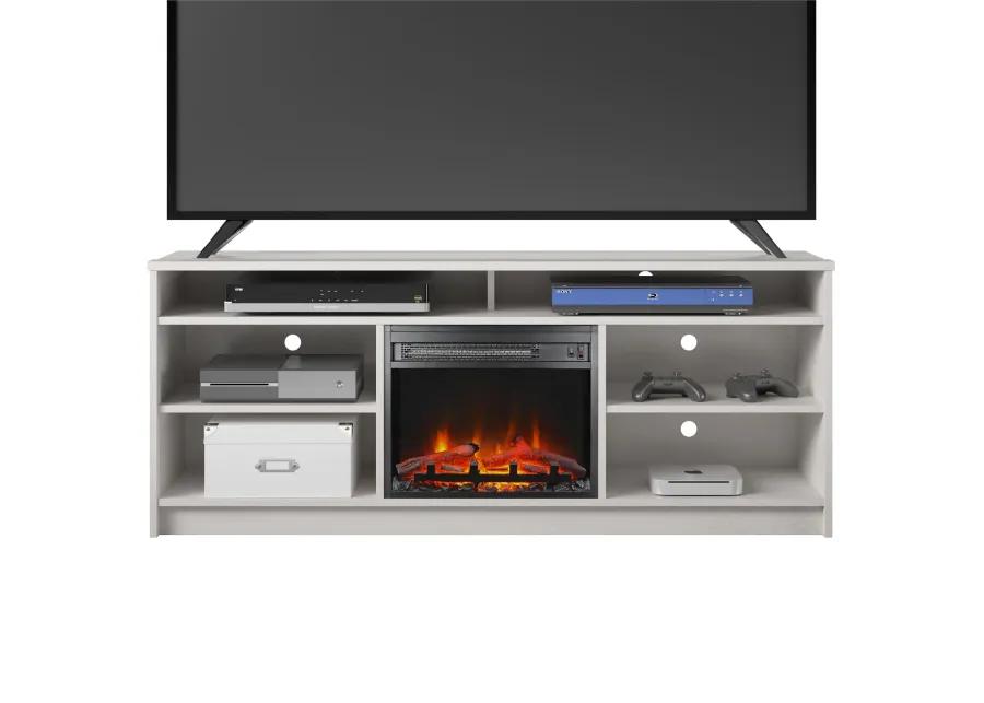 Hendrix 65" TV Stand with Electric Fireplace Insert and 6 Shelves, Ivory Oak