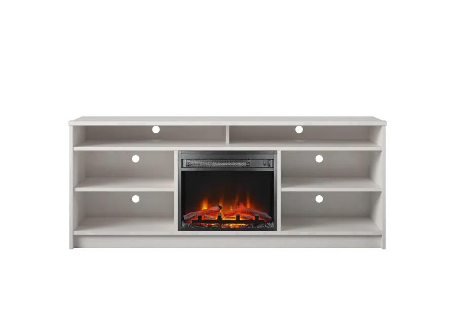 Hendrix 65" TV Stand with Electric Fireplace Insert and 6 Shelves, Ivory Oak