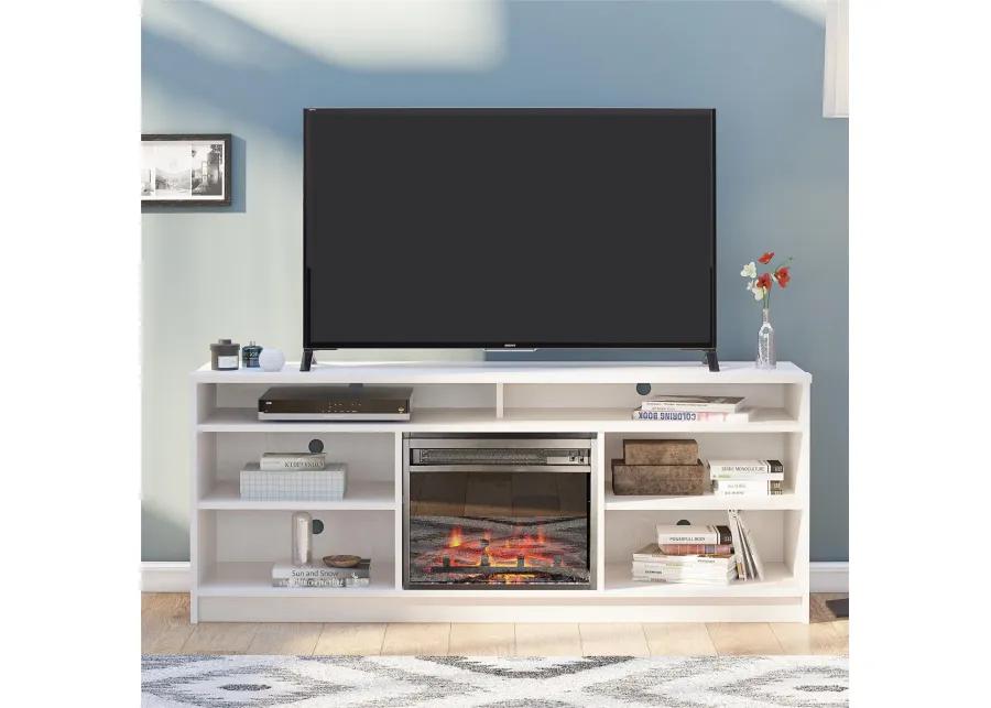 Hendrix 65" TV Stand with Electric Fireplace Insert and 6 Shelves, Ivory Oak