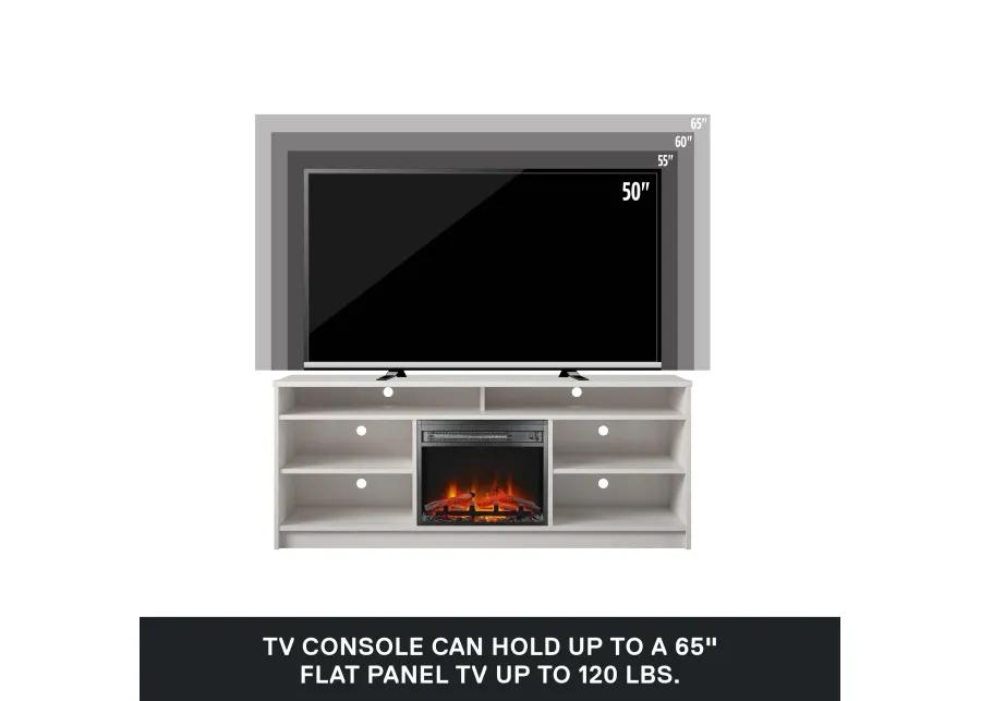 Hendrix 65" TV Stand with Electric Fireplace Insert and 6 Shelves, Ivory Oak