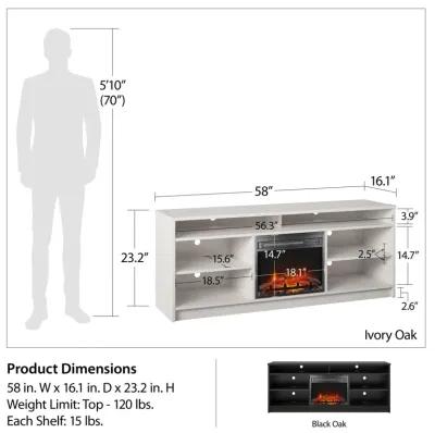 Hendrix 65" TV Stand with Electric Fireplace Insert and 6 Shelves, Ivory Oak