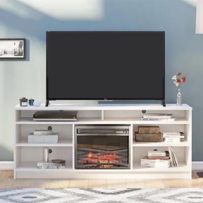 Hendrix 65" TV Stand with Electric Fireplace Insert and 6 Shelves, Ivory Oak