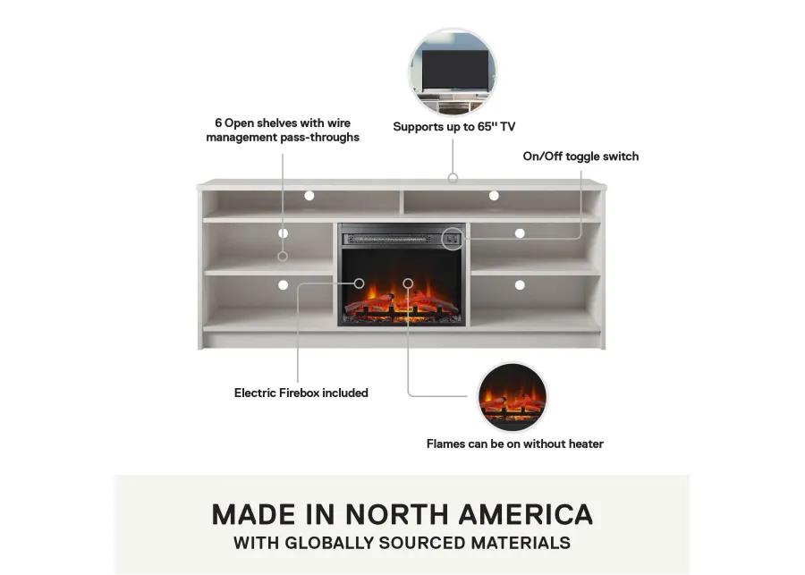 Hendrix 65" TV Stand with Electric Fireplace Insert and 6 Shelves, Ivory Oak