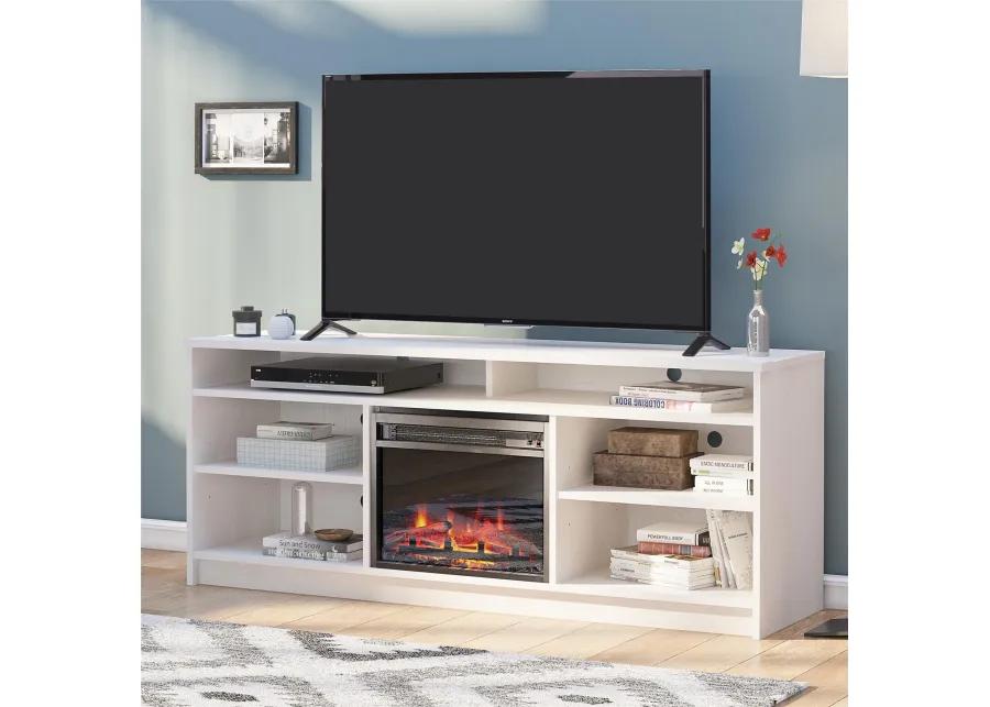 Hendrix 65" TV Stand with Electric Fireplace Insert and 6 Shelves, Ivory Oak