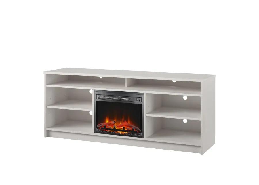 Hendrix 65" TV Stand with Electric Fireplace Insert and 6 Shelves, Ivory Oak