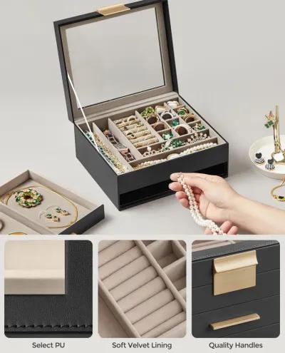 Elegant 2-Layer Jewelry Box with Glass Lid and 1 Drawer - Perfect Gift for Loved Ones