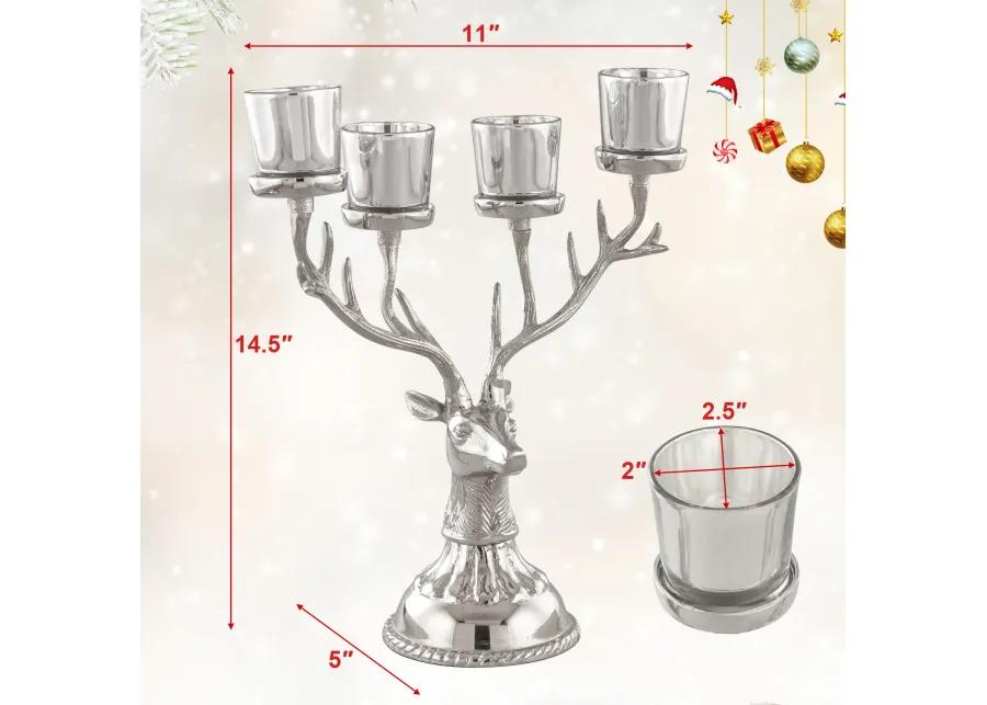 Reindeer Candle Holder Christmas Ornament for 4 Candles Aluminum Decoration-Silver