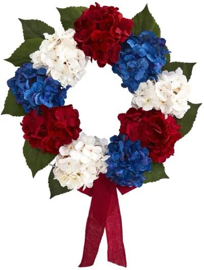 HomPlanti 24" Red, White and Blue "Americana" Hydrangea Artificial Wreath