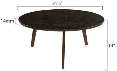 Stella 31" Round Italian Black Marble Coffee Table with Walnut Legs