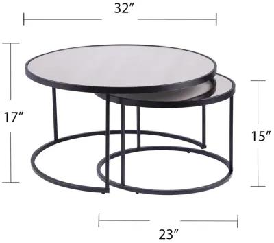 Homezia Set of Two Black And Silver Mirrored Round Nested Coffee Table Set