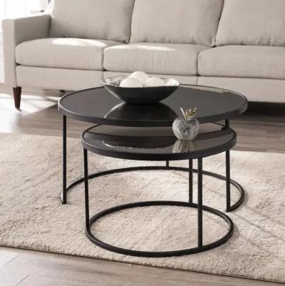 Homezia Set of Two Black And Silver Mirrored Round Nested Coffee Table Set