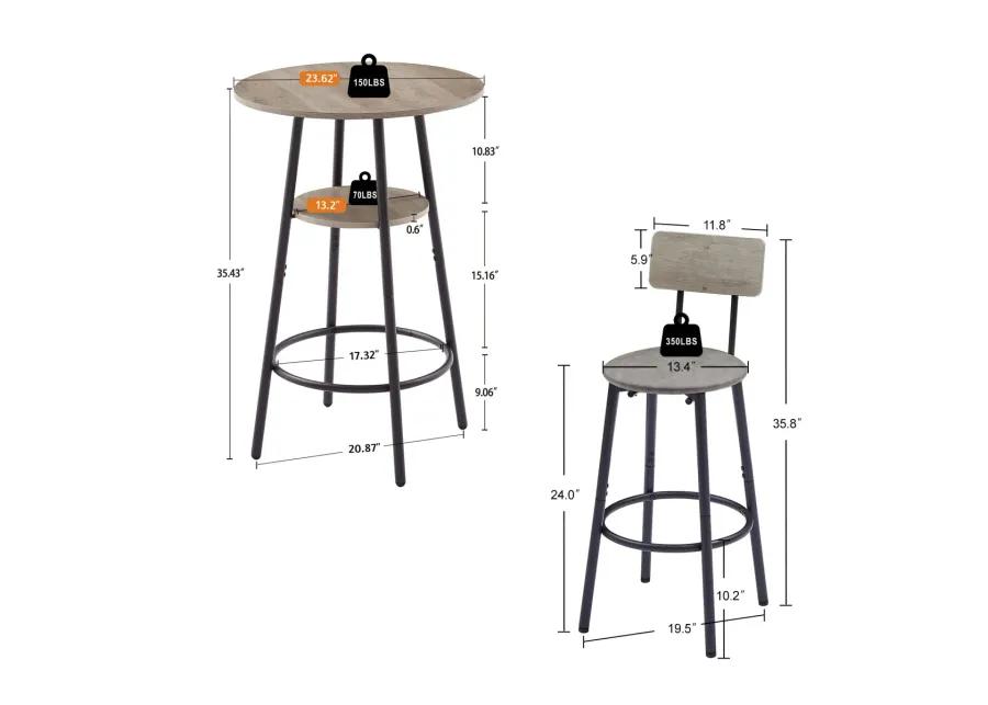 Round Barstool Set With Shelf, Upholstered Stool With Backrest, 23.62" W X 23.62" D X 35.43"