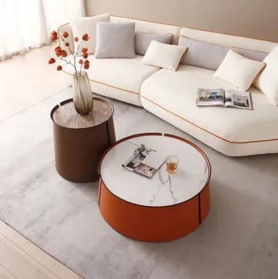 31.5" Coffee Table, Marble Top+Orange Saddle Leather Body+Iron Frame