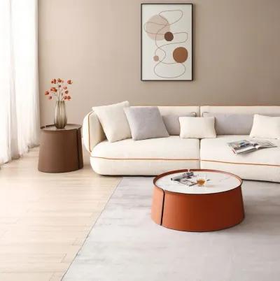 31.5" Coffee Table, Marble Top+Orange Saddle Leather Body+Iron Frame