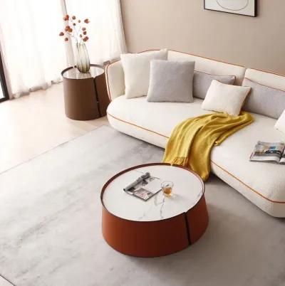 31.5" Coffee Table, Marble Top+Orange Saddle Leather Body+Iron Frame